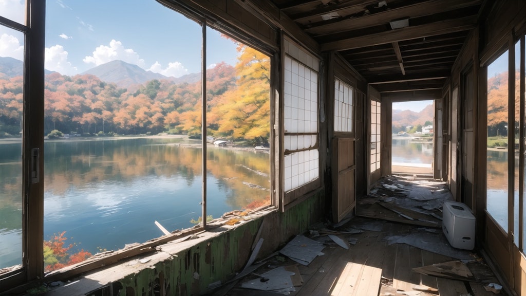 背景　湖が見える廃墟