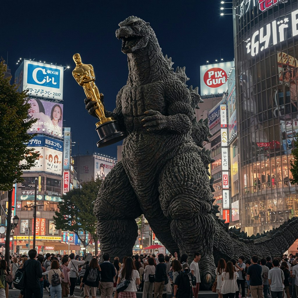 オスカー像を持つゴジラ