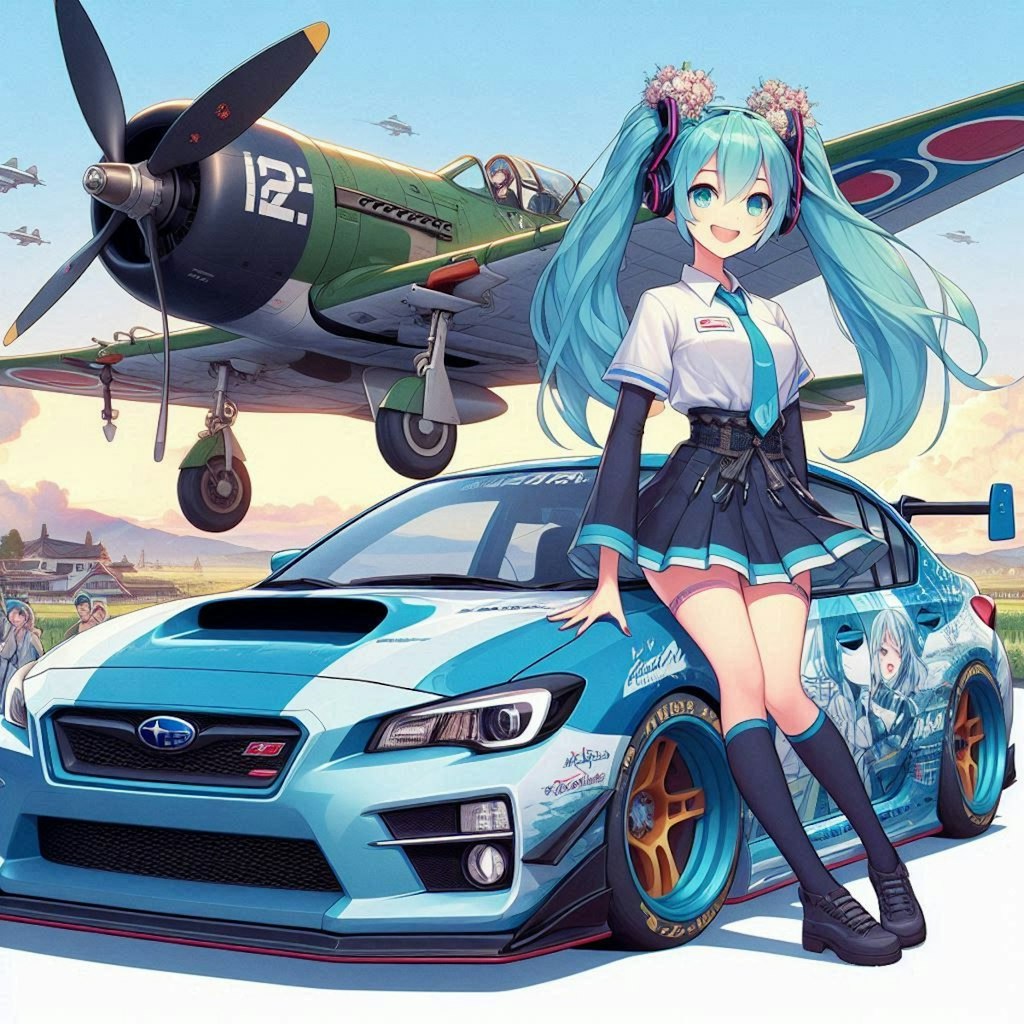 初音ミクカラーのWRXと零戦