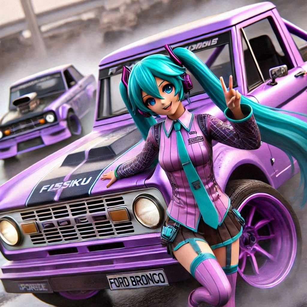 初音ミクとパープルカラーフォードブロンコのドリ車