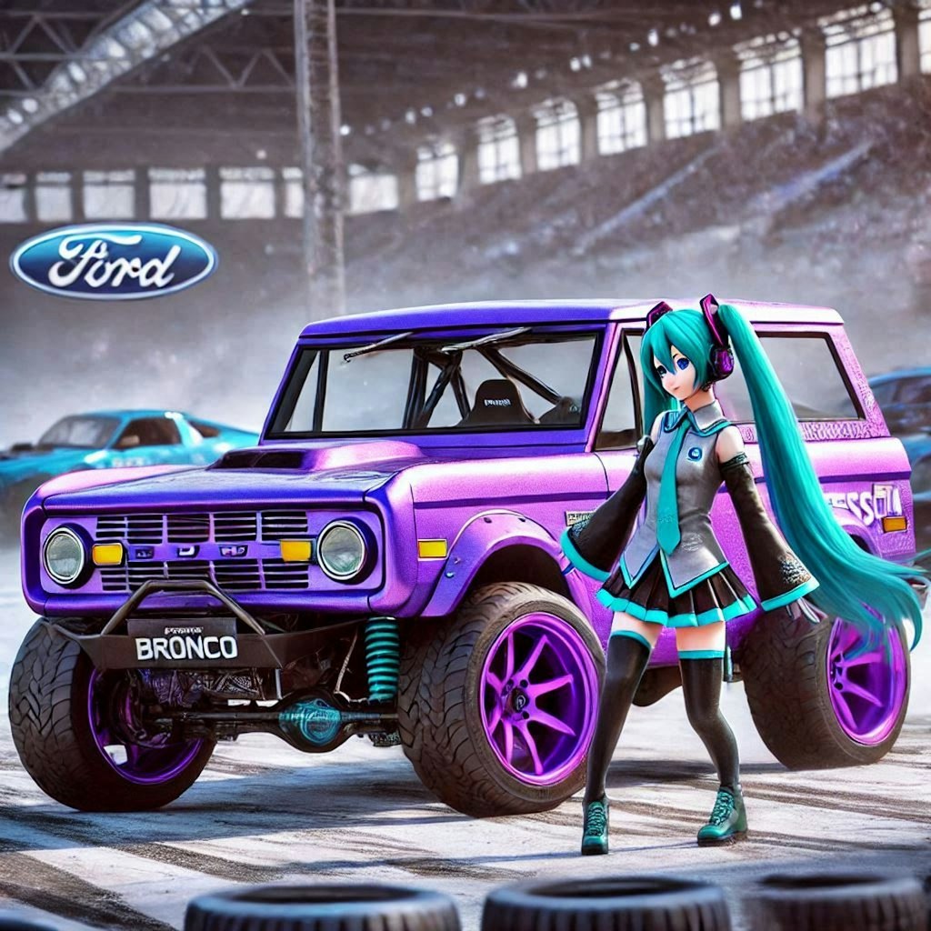 初音ミクとパープルカラーフォードブロンコのドリ車