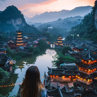 中華にて古都の夜明けを眺める