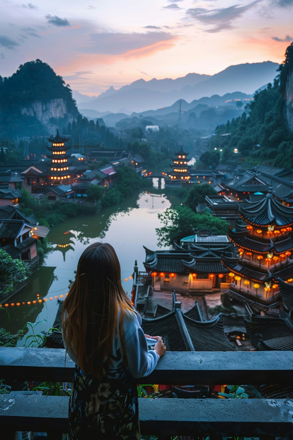 中華にて古都の夜明けを眺める