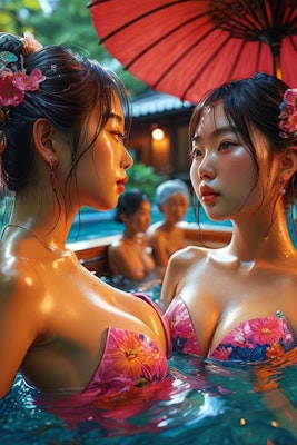 Japanese in hot tube neon bathing suit