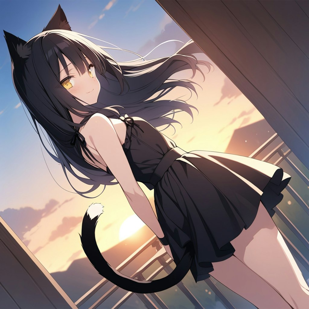 猫耳少女と夕暮れ