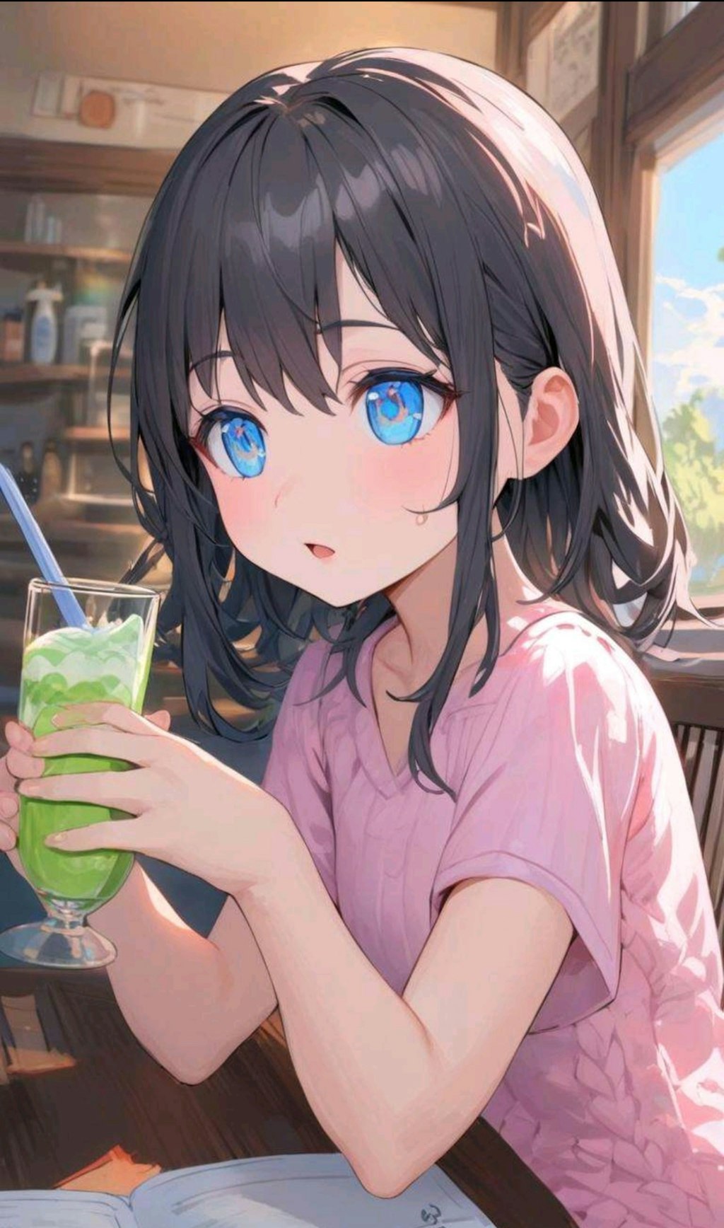 クリームソーダを飲む小さな女の子