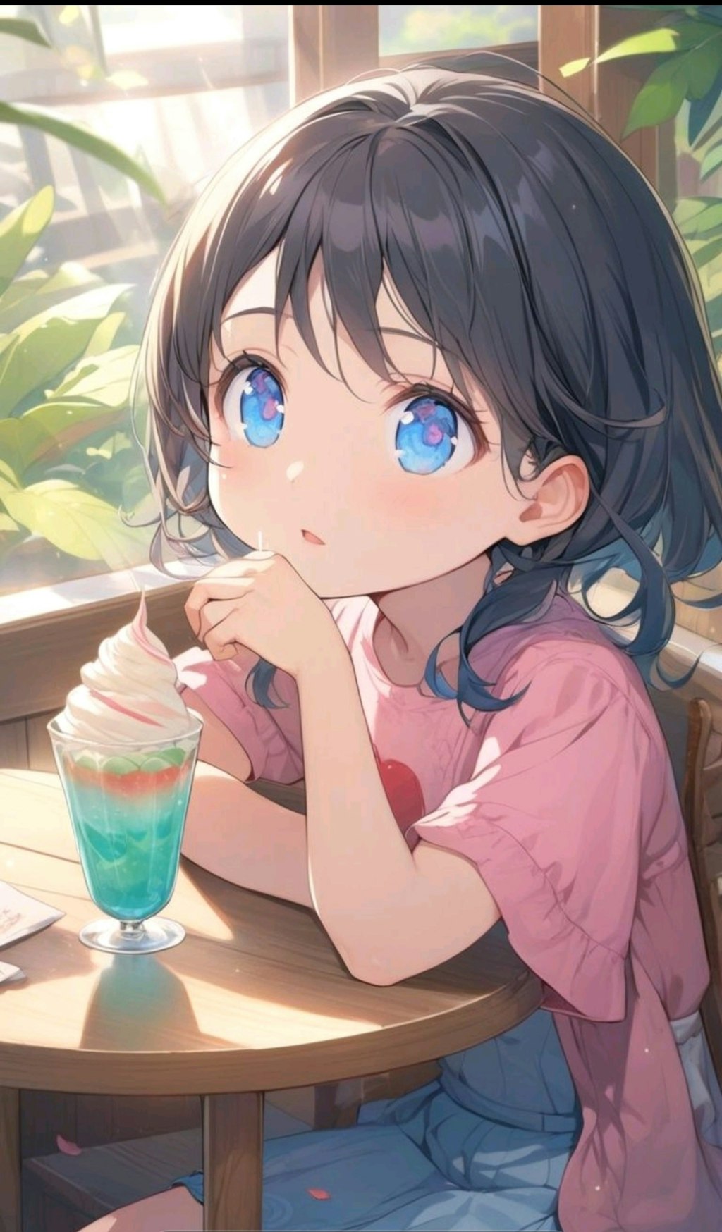 クリームソーダを飲む小さな女の子