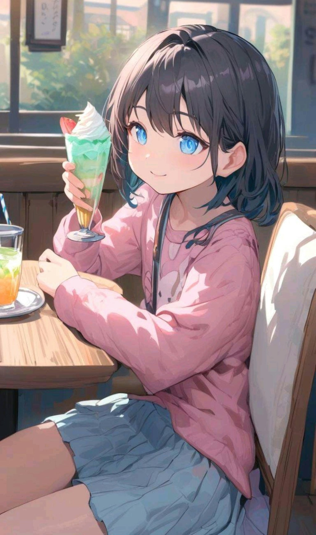 クリームソーダを飲む小さな女の子