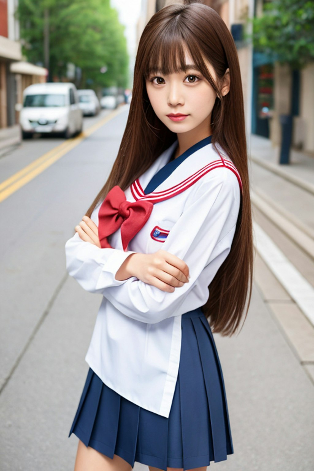 かわいいセーラー服の女の子　道路にて