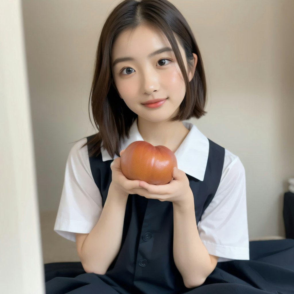 黒髪ボブの美女とトマト
