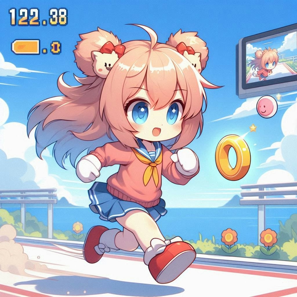 音速で輪を取るアクションゲームの小さな女の子