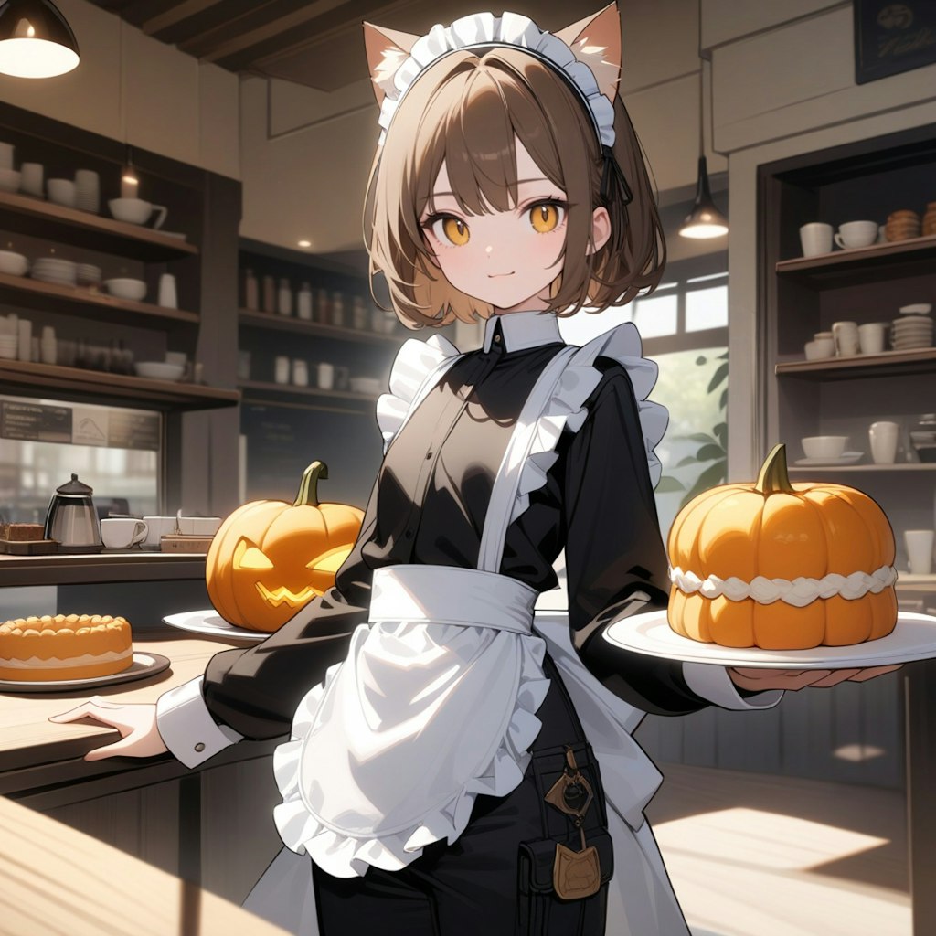 ハロウィンに南瓜ケーキを作る喫茶店で働く猫娘