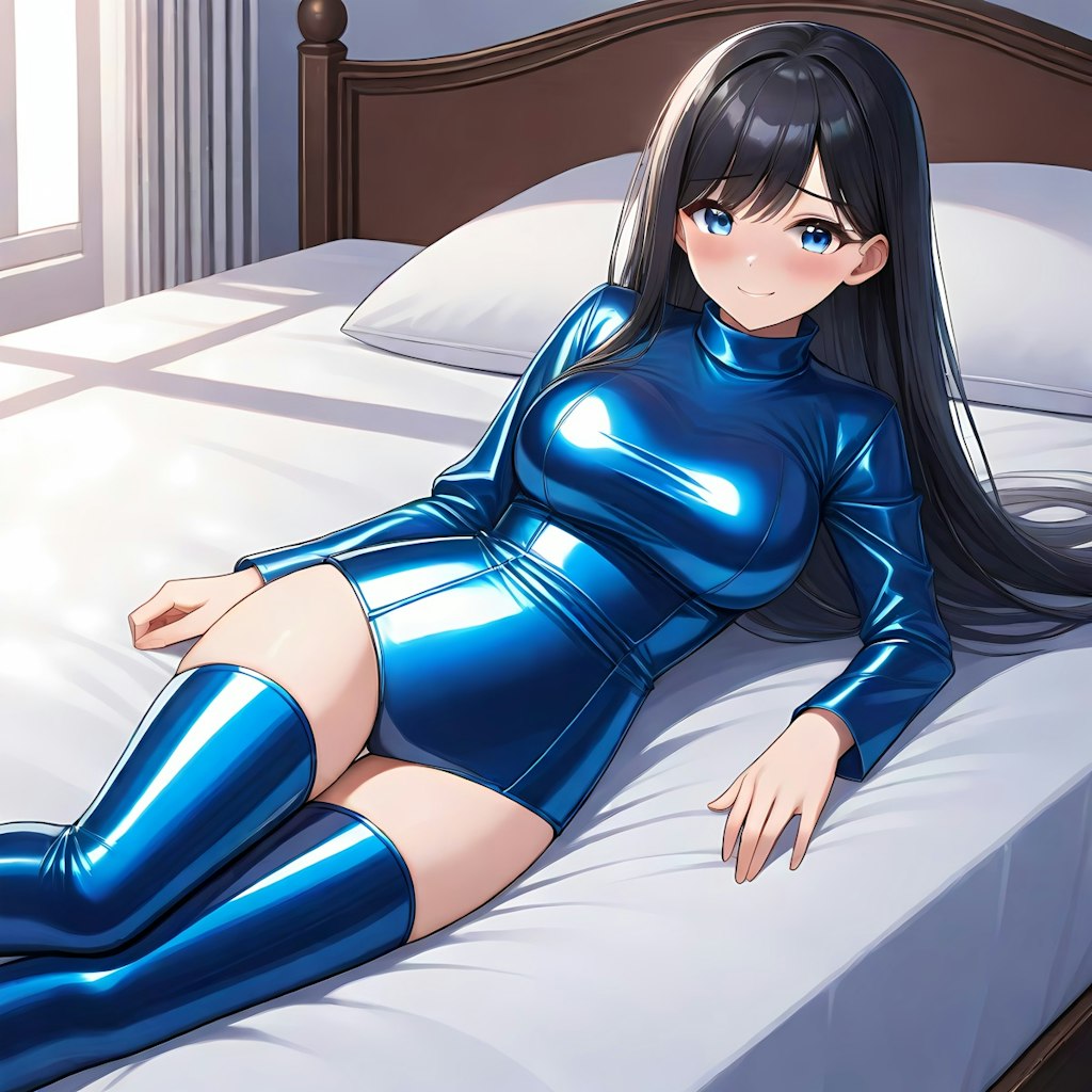 光沢青レオタードサイハイソックス