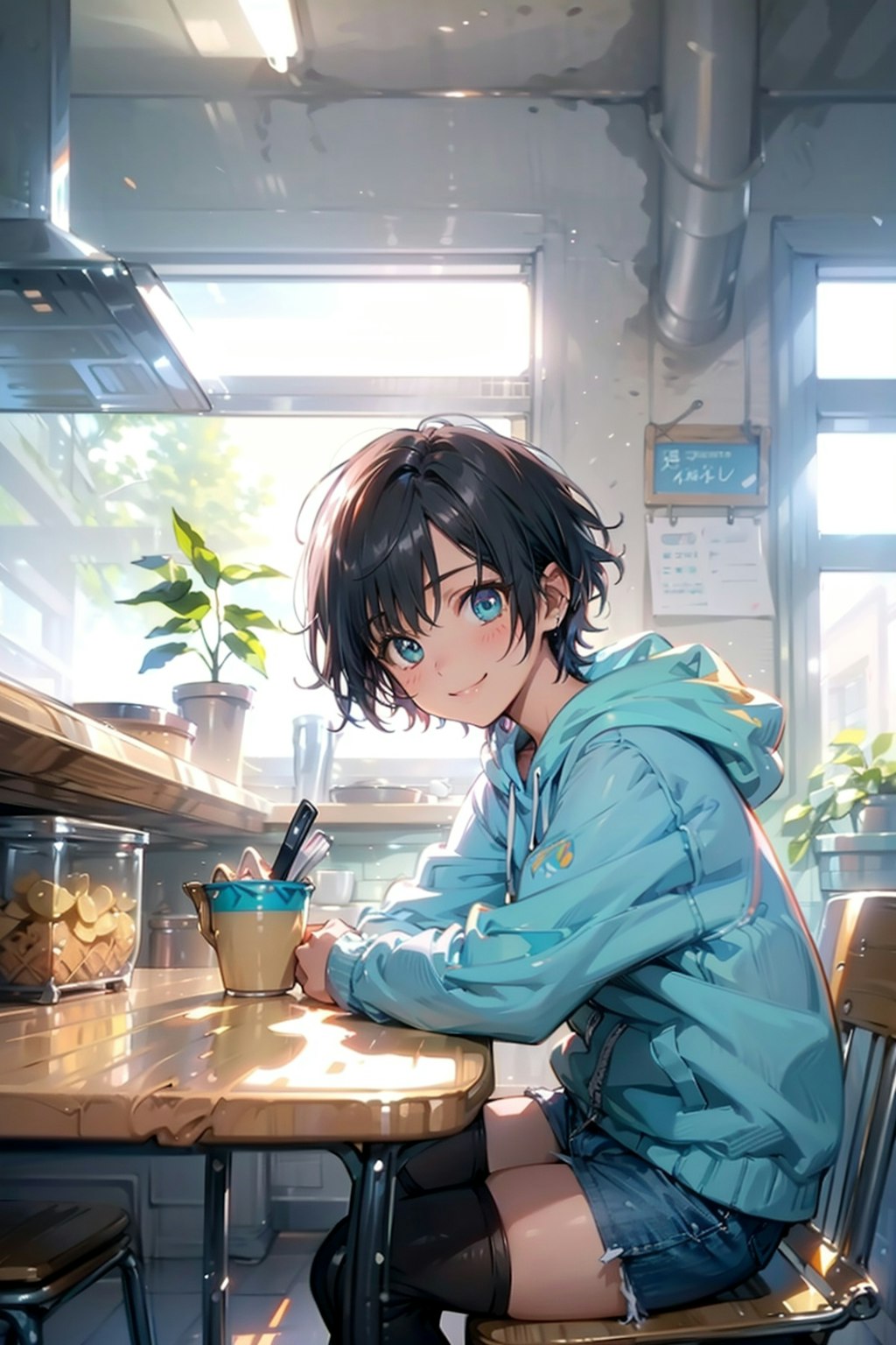 A boy wearing knee socks is sitting in the kitchen relaxing