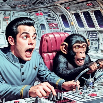 宇宙船の操縦室に乱入したチンパンジー