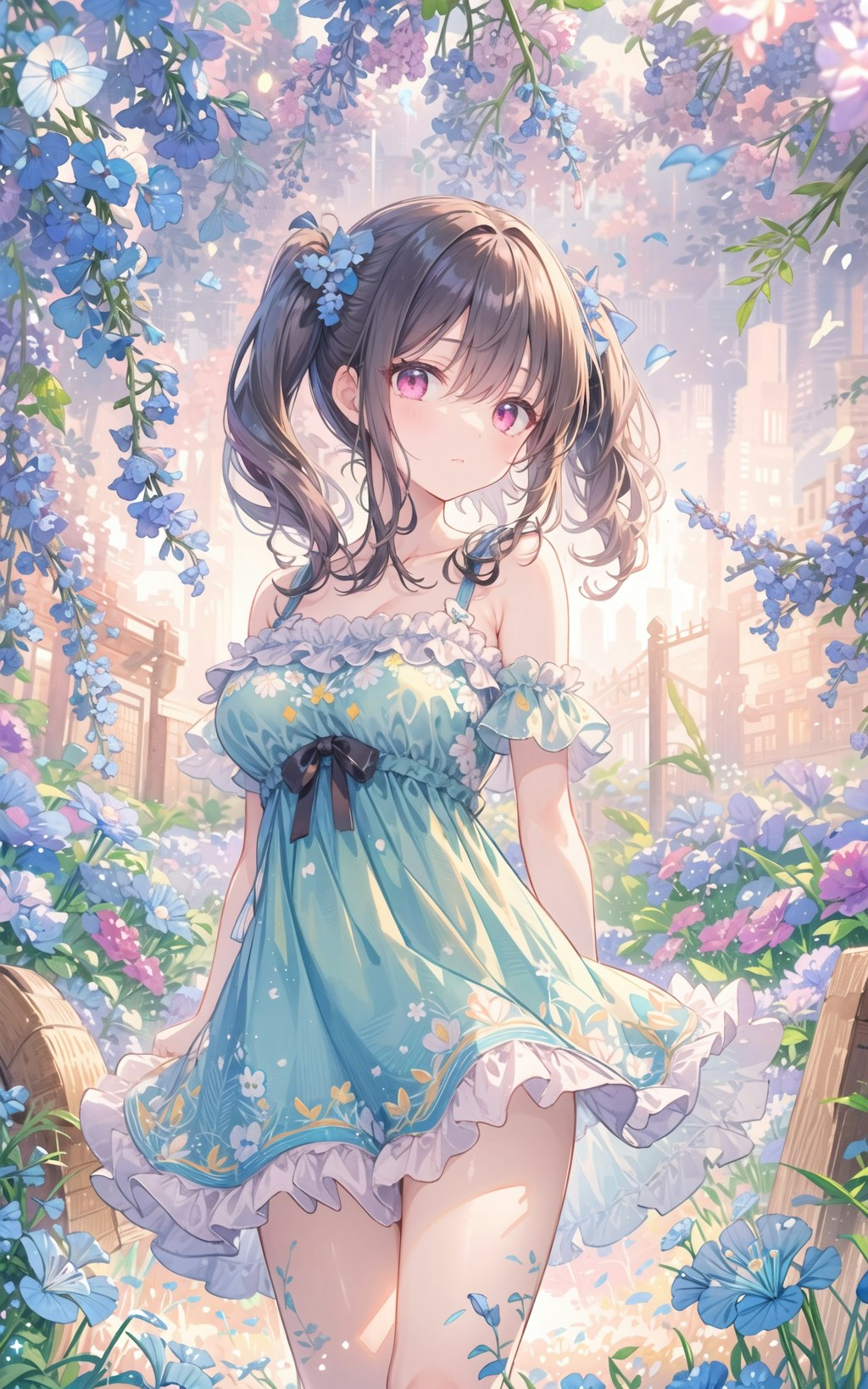 花のアーチと花柄ドレス