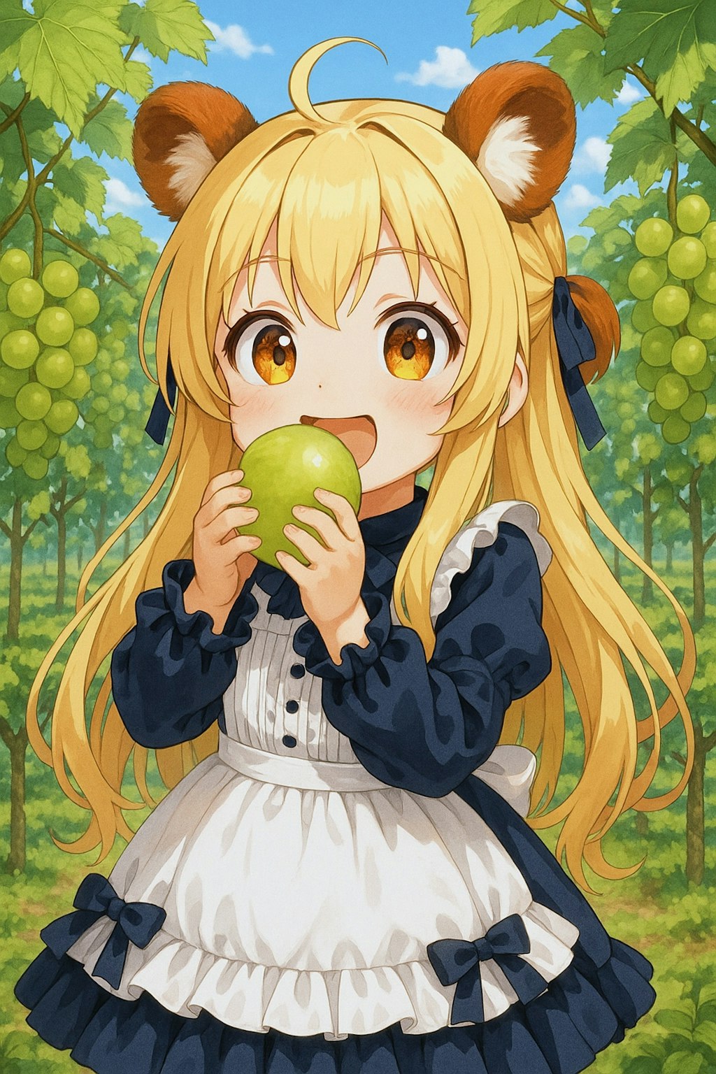 巨大シャインマスカットを食べる千獣ピナちゃん