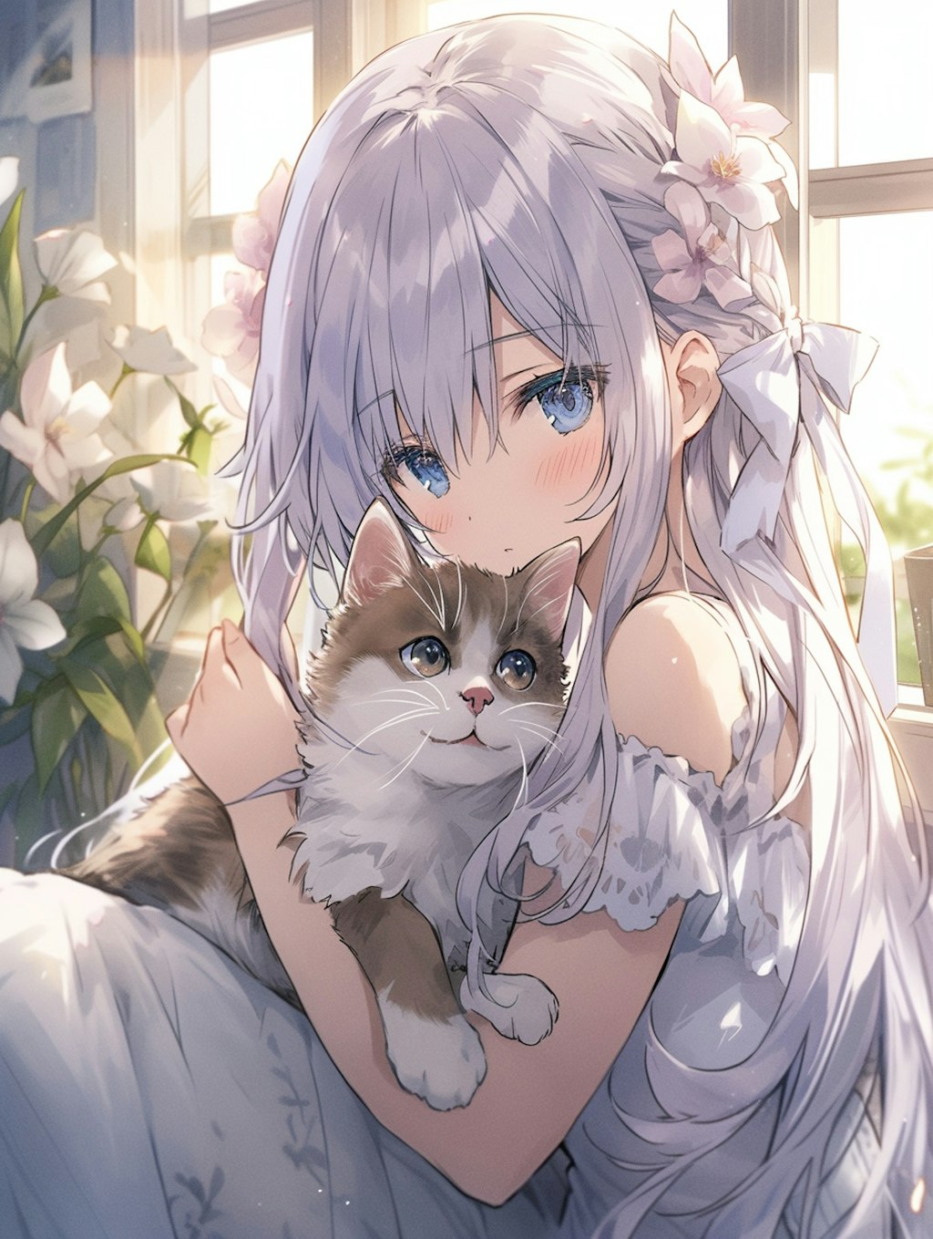 油絵 SM-072919 可愛い子猫と女の子(蟻んこちゃん) 猫と女の子 cats and girl | ちちぷいAIイラスト