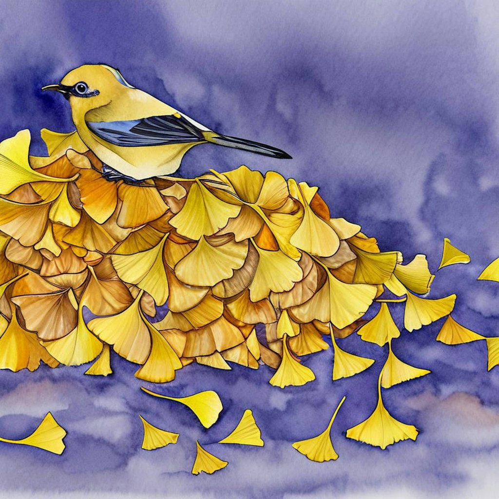 Bird on ginkgo leaves