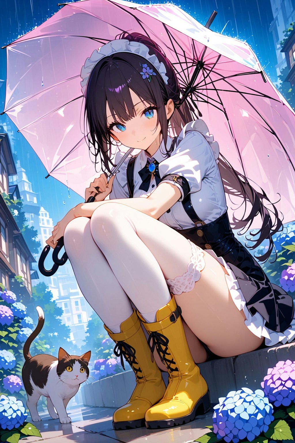 あら❤️猫ちゃん❗️どうしたの？濡れちゃうから神社で雨宿りしましょ❤️