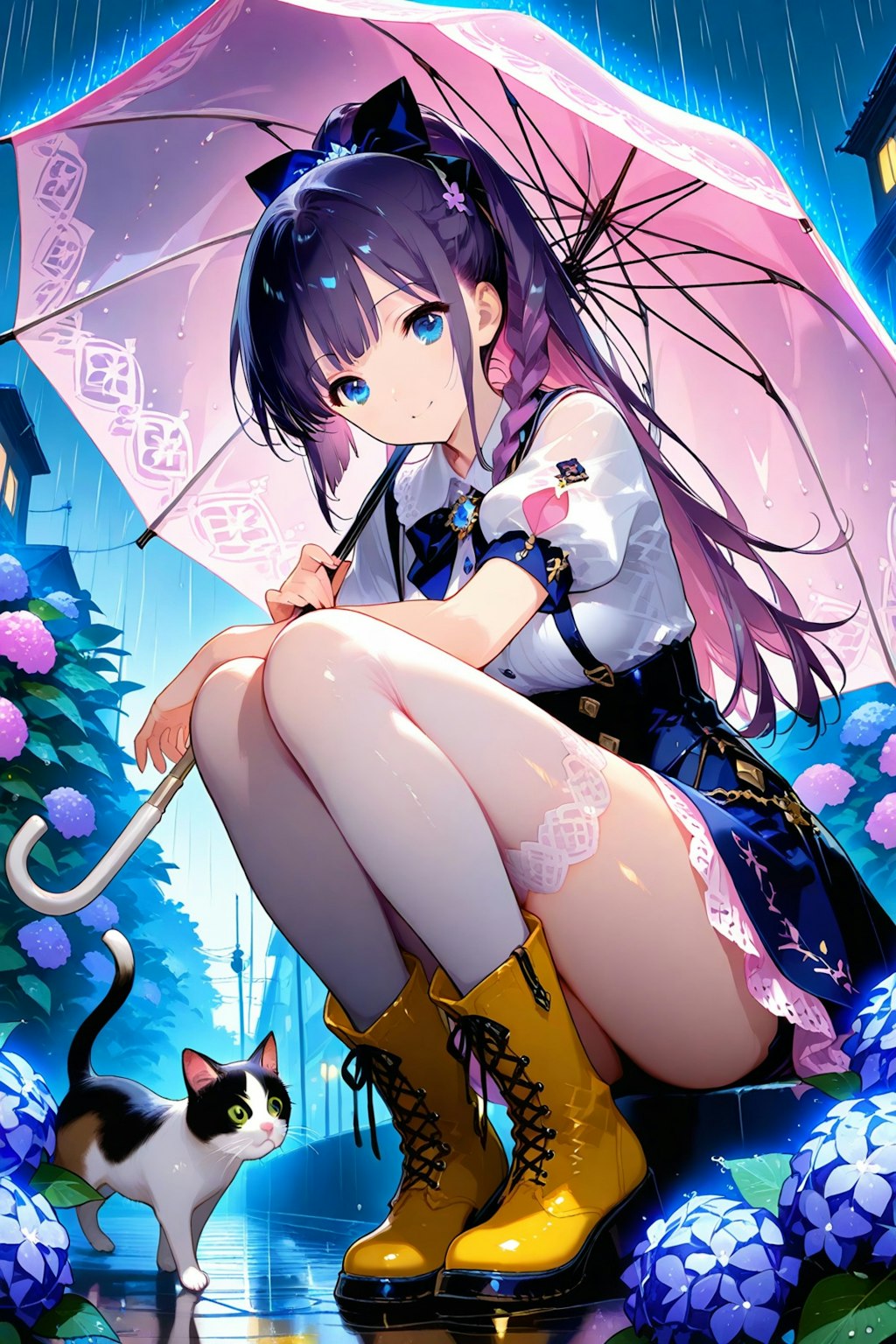 あら❤️猫ちゃん❗️どうしたの？濡れちゃうから神社で雨宿りしましょ❤️
