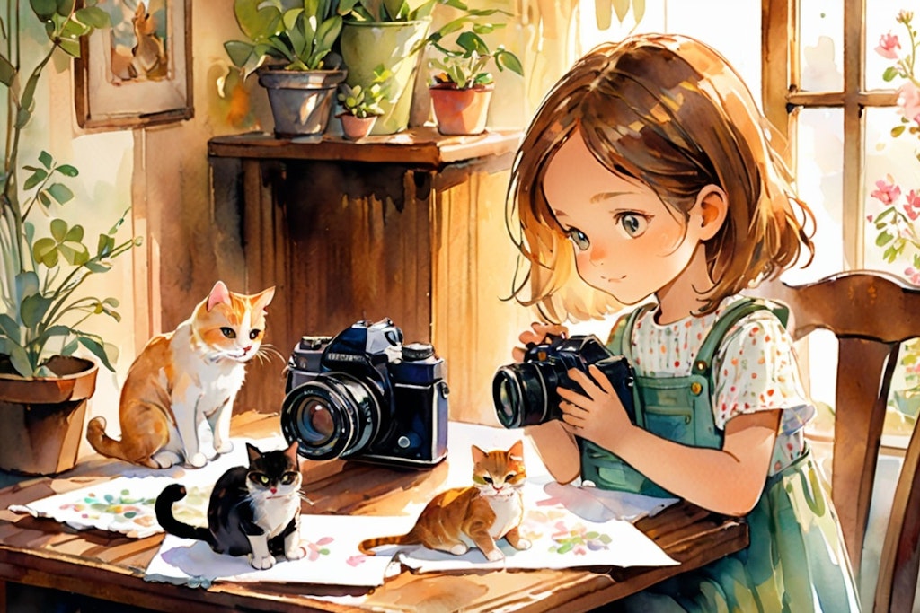 猫の写真を撮ってる女の子