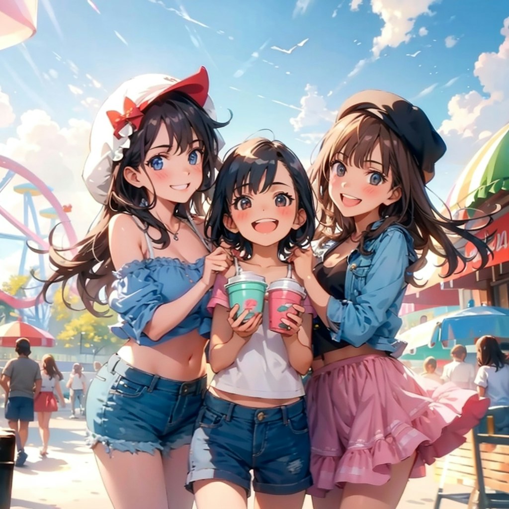 TOPAZ:Girls having fun at amusement park attractions