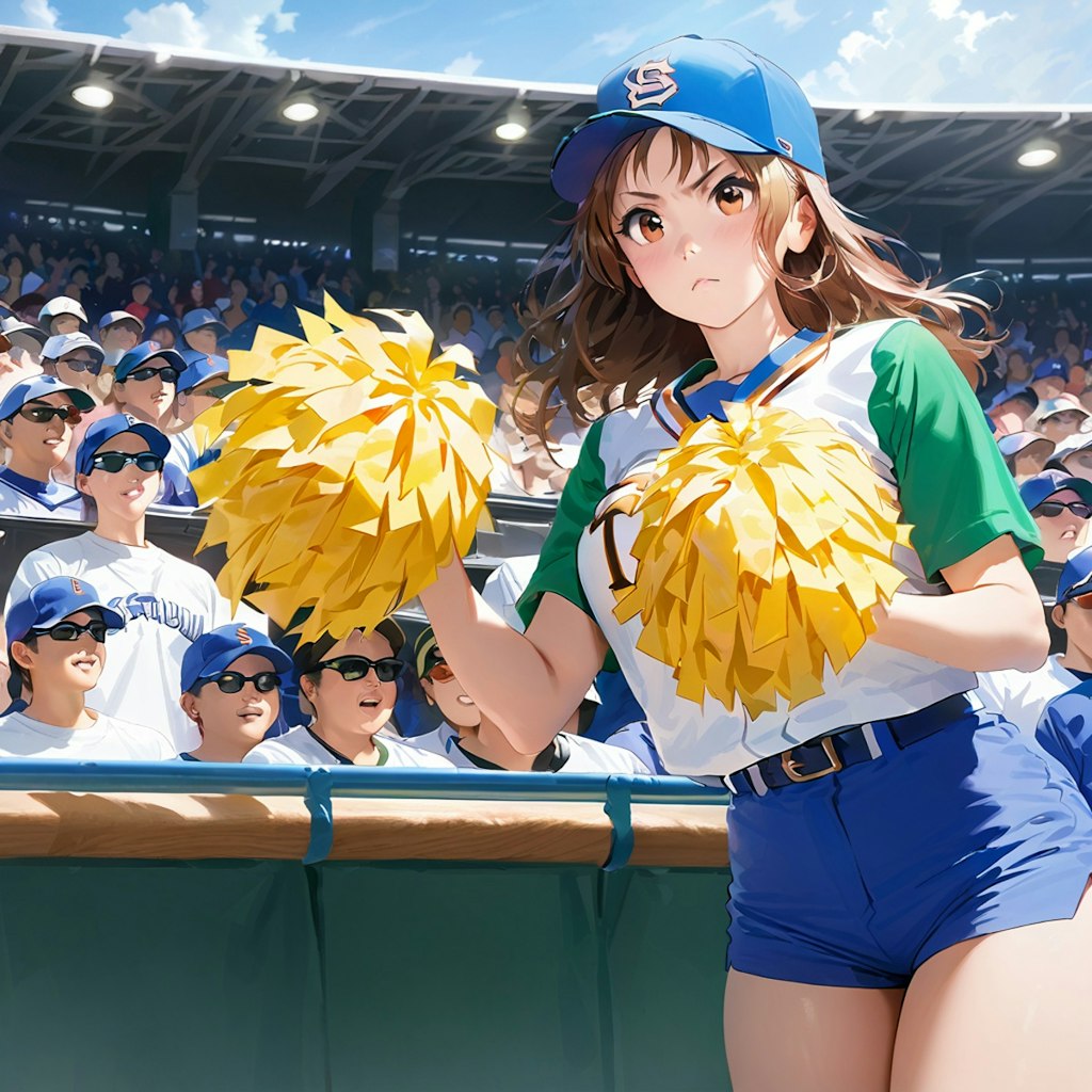 甲子園で母校の高校野球チームを真剣に応援しているチアリーディング部の女子生徒