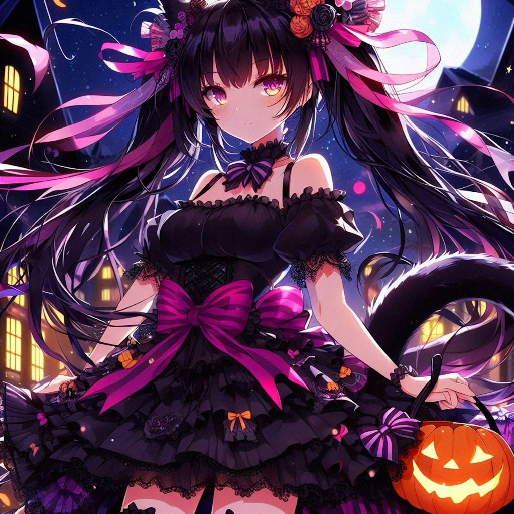 リボンな、ハロウィンの猫耳な黒髪ツインテール少女＊(5枚)