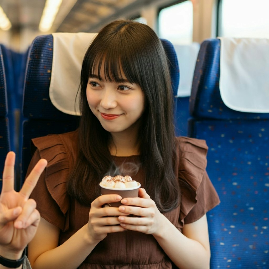 新幹線でコーヒーを飲む女性