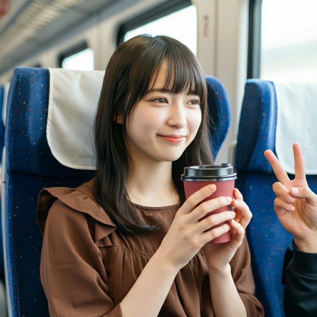 新幹線でコーヒーを飲む女性