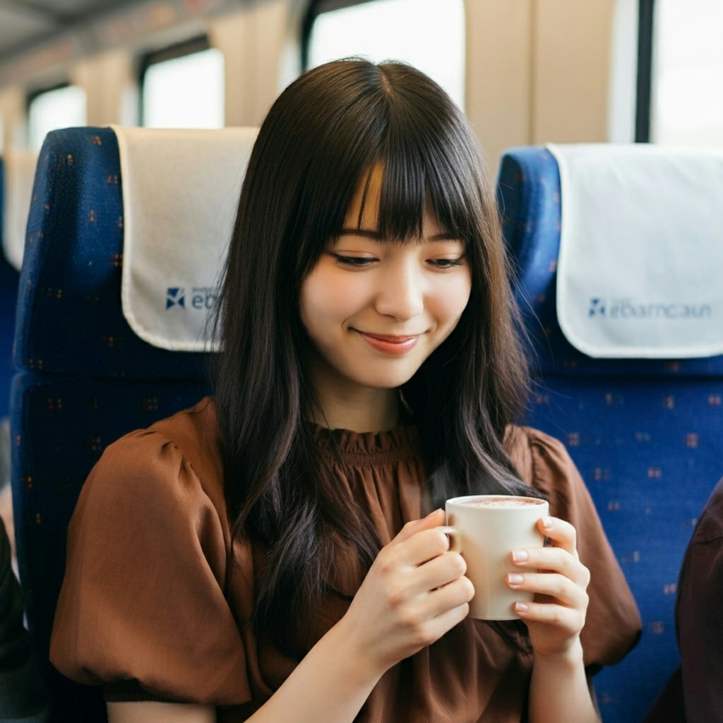 新幹線でコーヒーを飲む女性