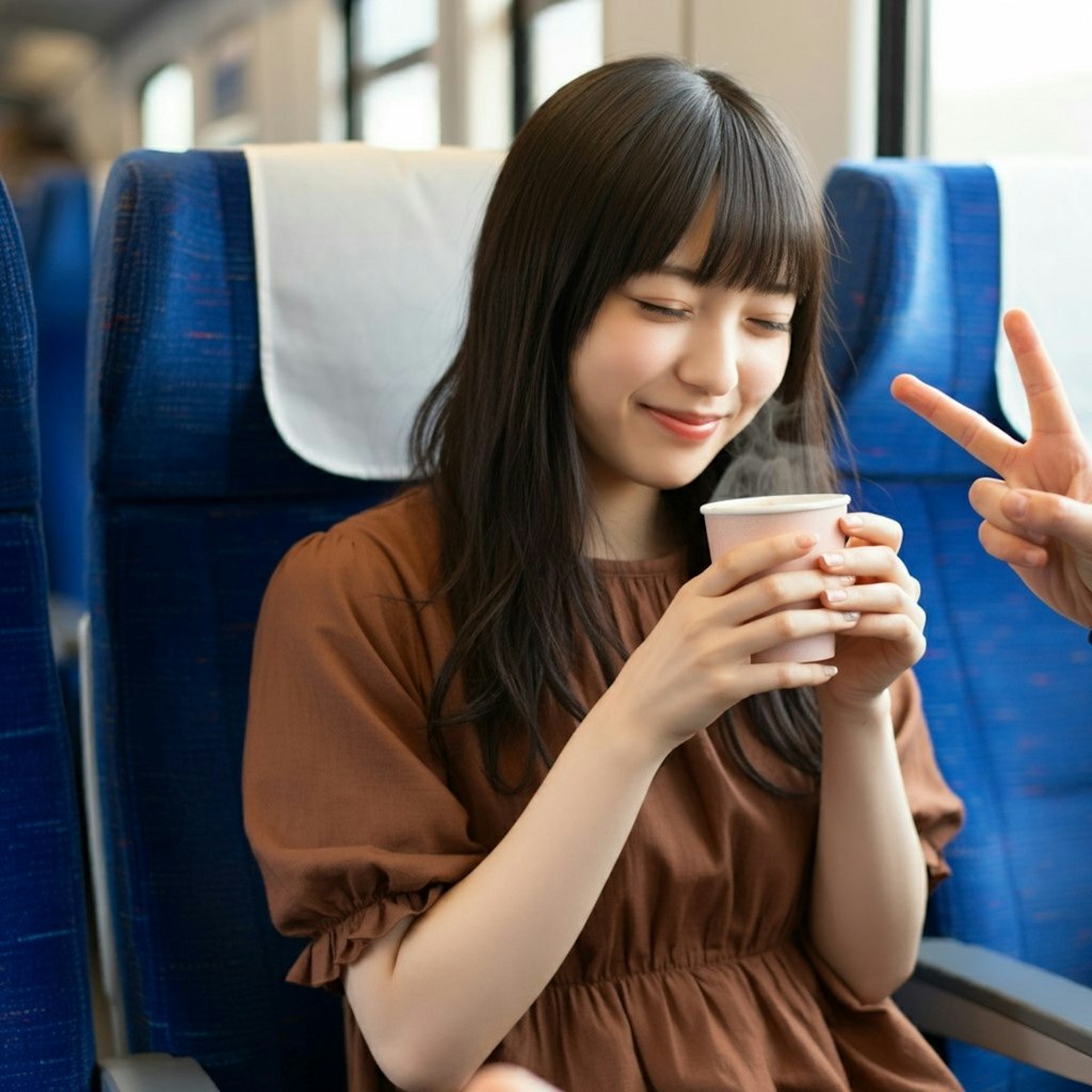 新幹線でコーヒーを飲む女性