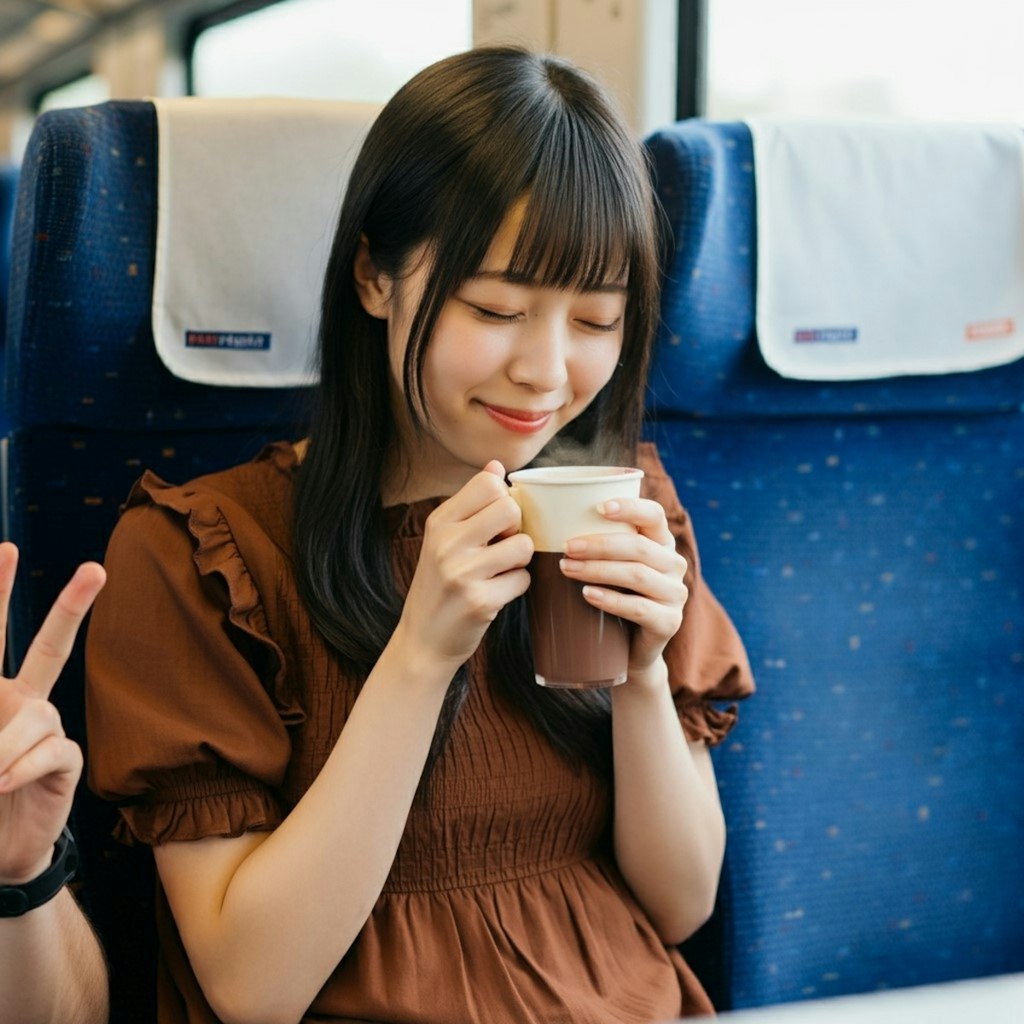 新幹線でコーヒーを飲む女性