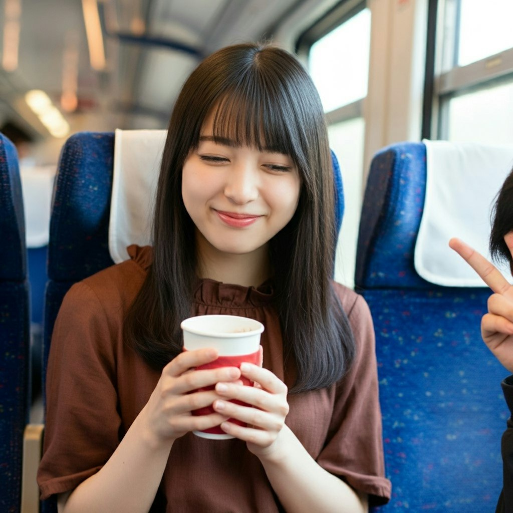 新幹線でコーヒーを飲む女性