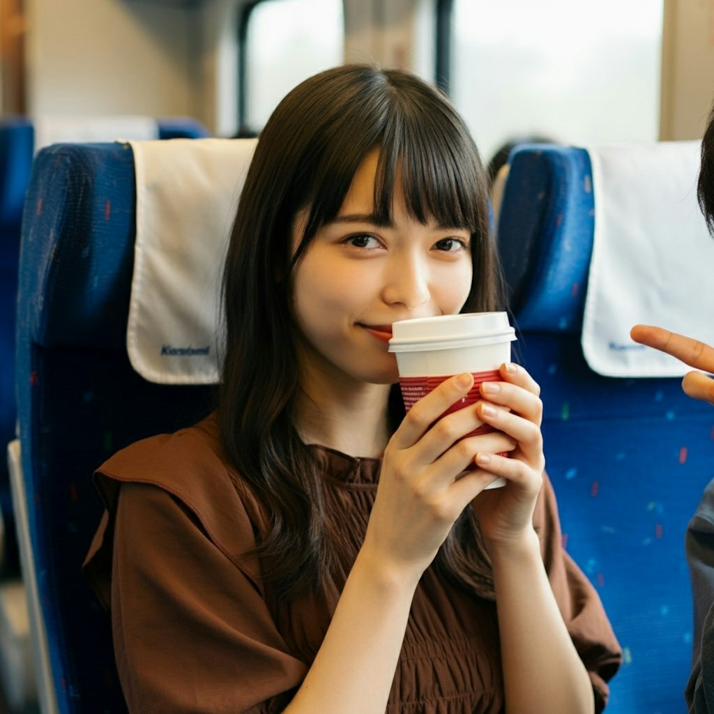 新幹線でコーヒーを飲む女性