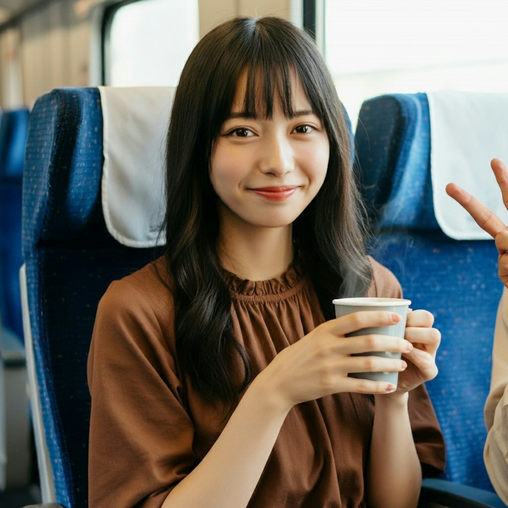 新幹線でコーヒーを飲む女性