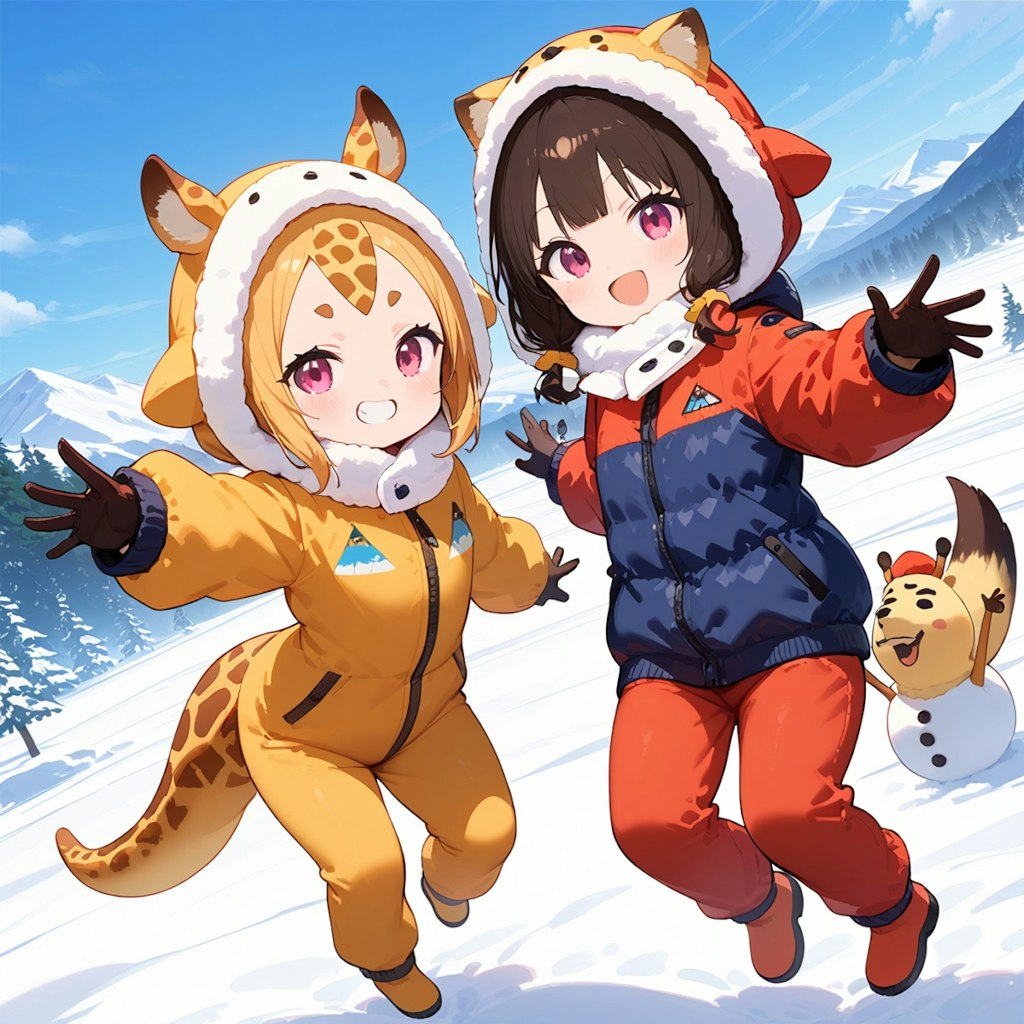 雪だるまとキリン着ぐるみちび子ちゃんヾ(๑╹◡╹)ﾉ"