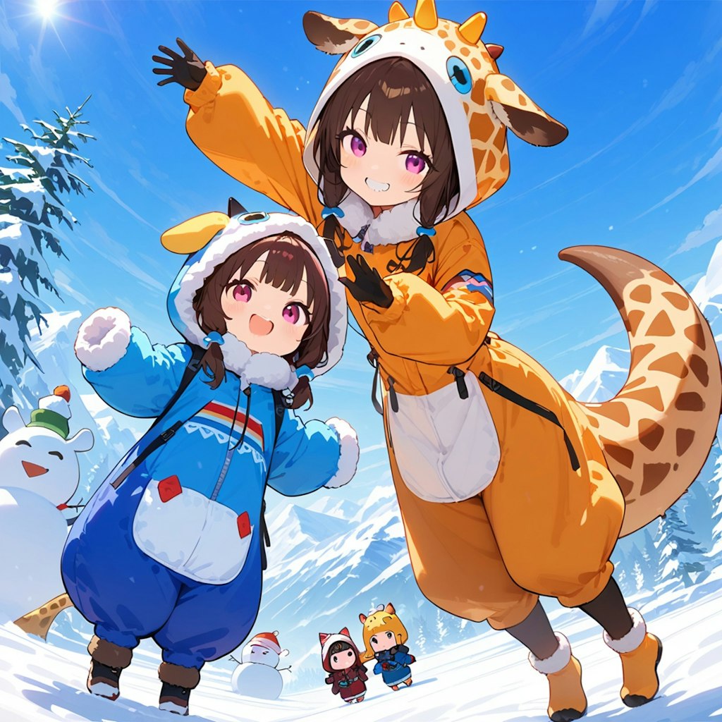 雪だるまとキリン着ぐるみちび子ちゃんヾ(๑╹◡╹)ﾉ"