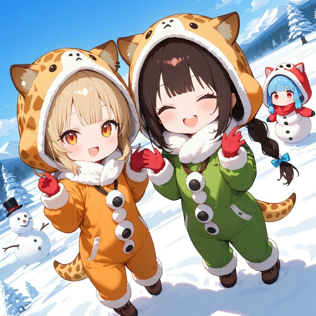 雪だるまとキリン着ぐるみちび子ちゃんヾ(๑╹◡╹)ﾉ"