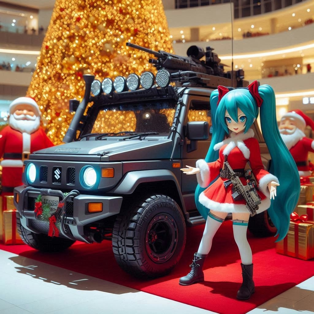 スズキジムニー軍用車とサンタ初音ミク