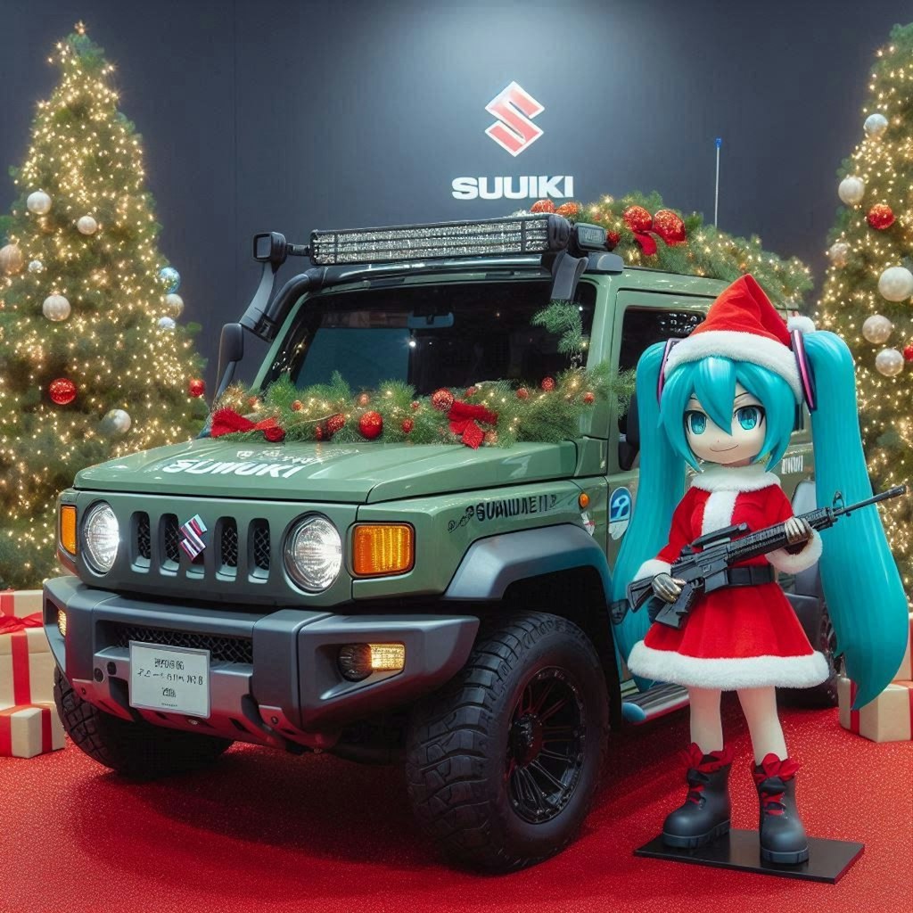 スズキジムニー軍用車とサンタ初音ミク