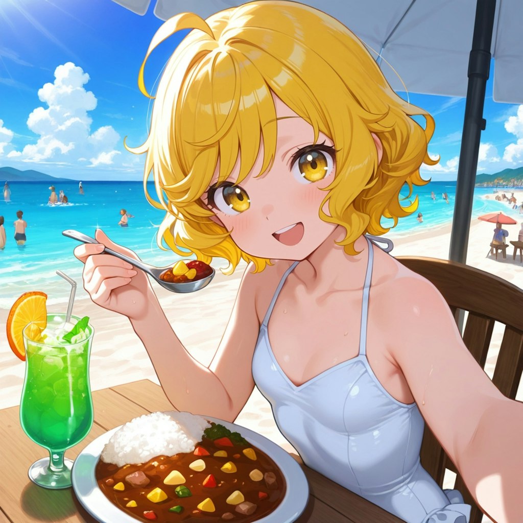 海でカレーを食べるユイちゃん