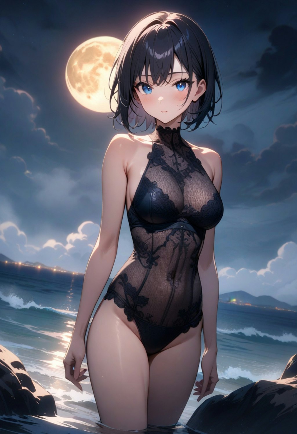 月夜の海と下着風水着の女