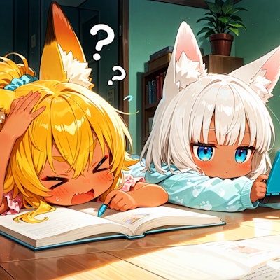 宿題で焦る金狐と余裕な白狐ちゃん