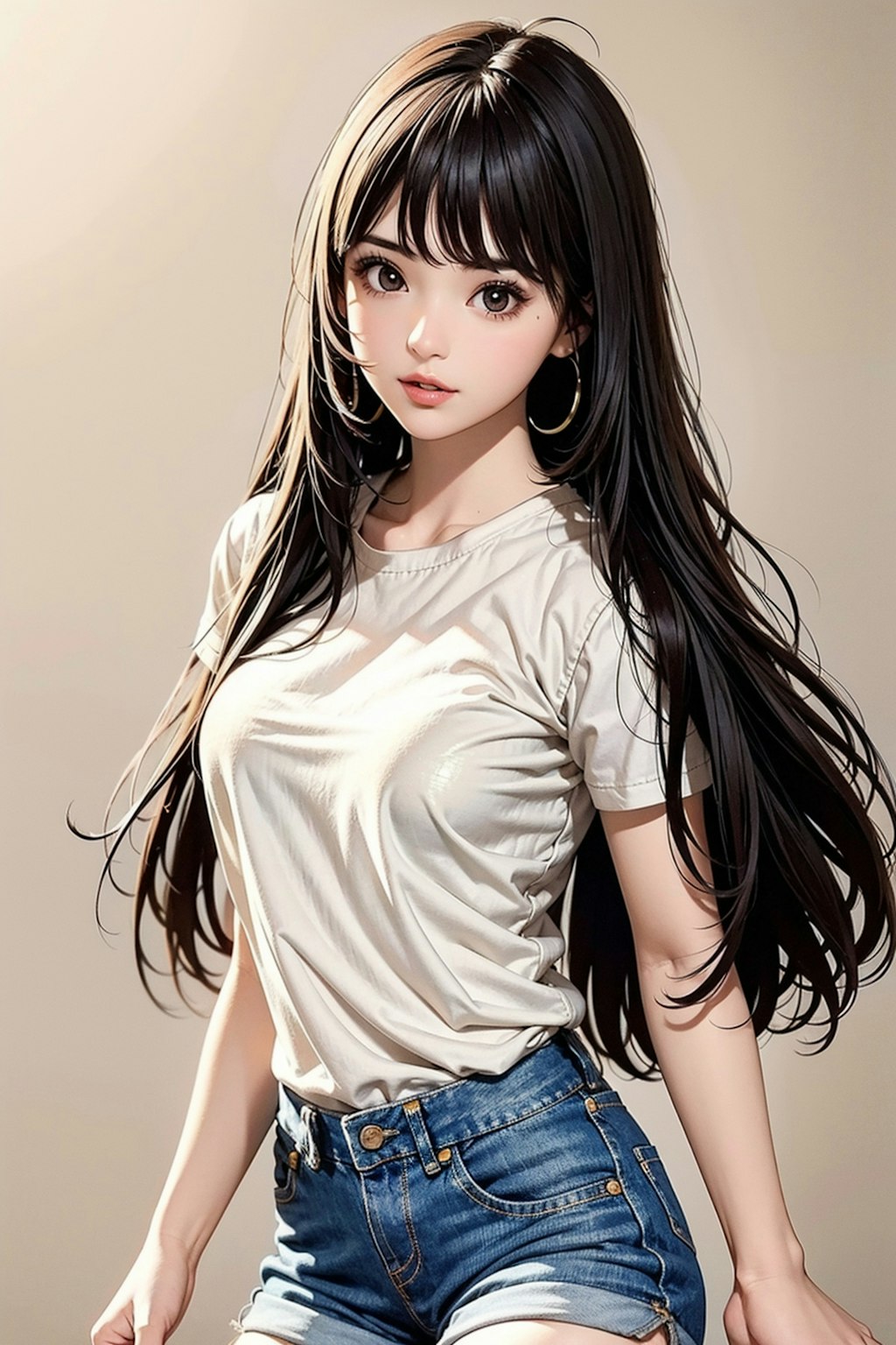 Ｔシャツに短パンデニムのお姉さん