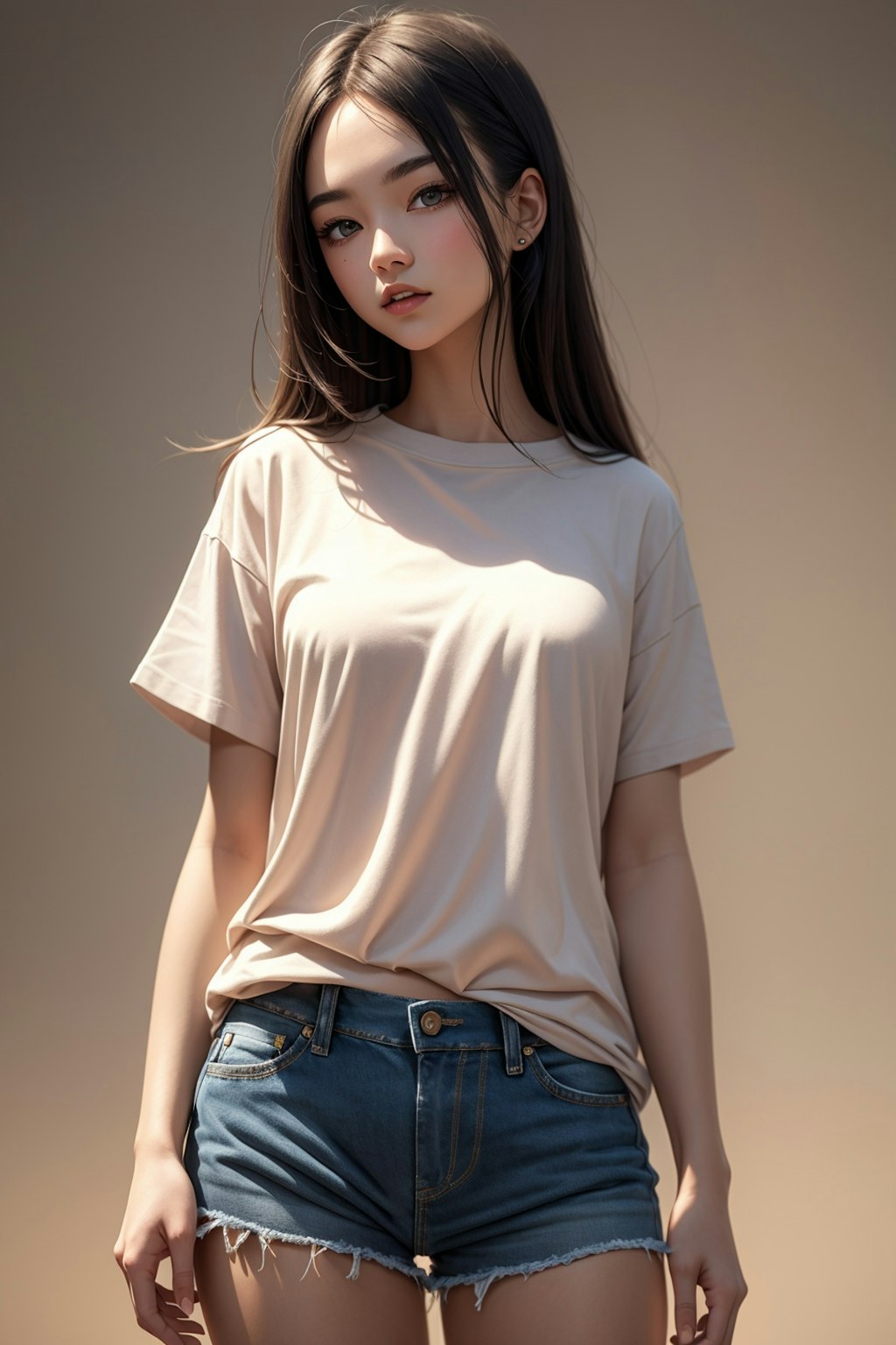 Ｔシャツに短パンデニムのお姉さん