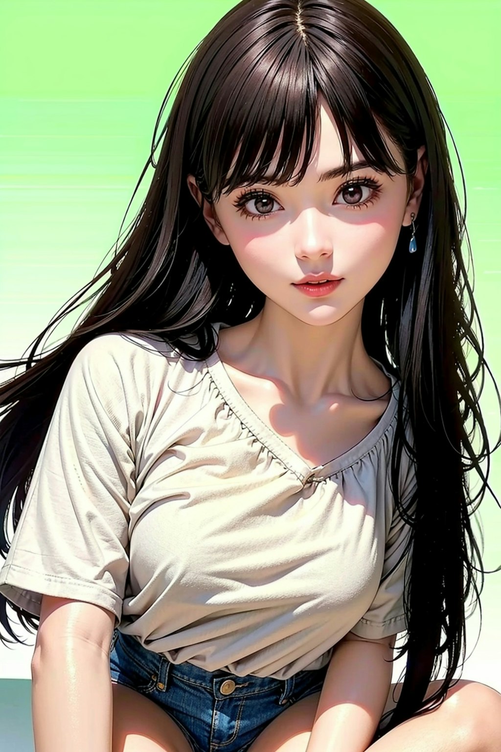 Ｔシャツに短パンデニムのお姉さん