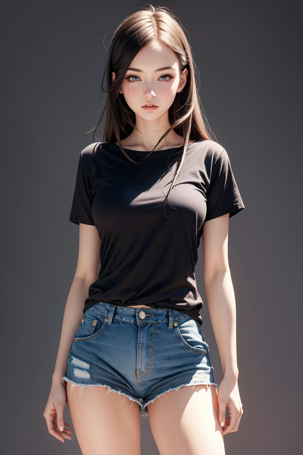 Ｔシャツに短パンデニムのお姉さん