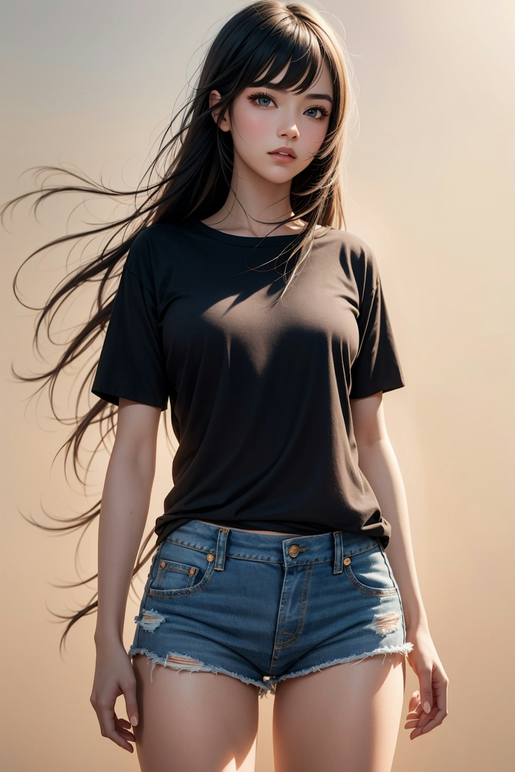 Ｔシャツに短パンデニムのお姉さん
